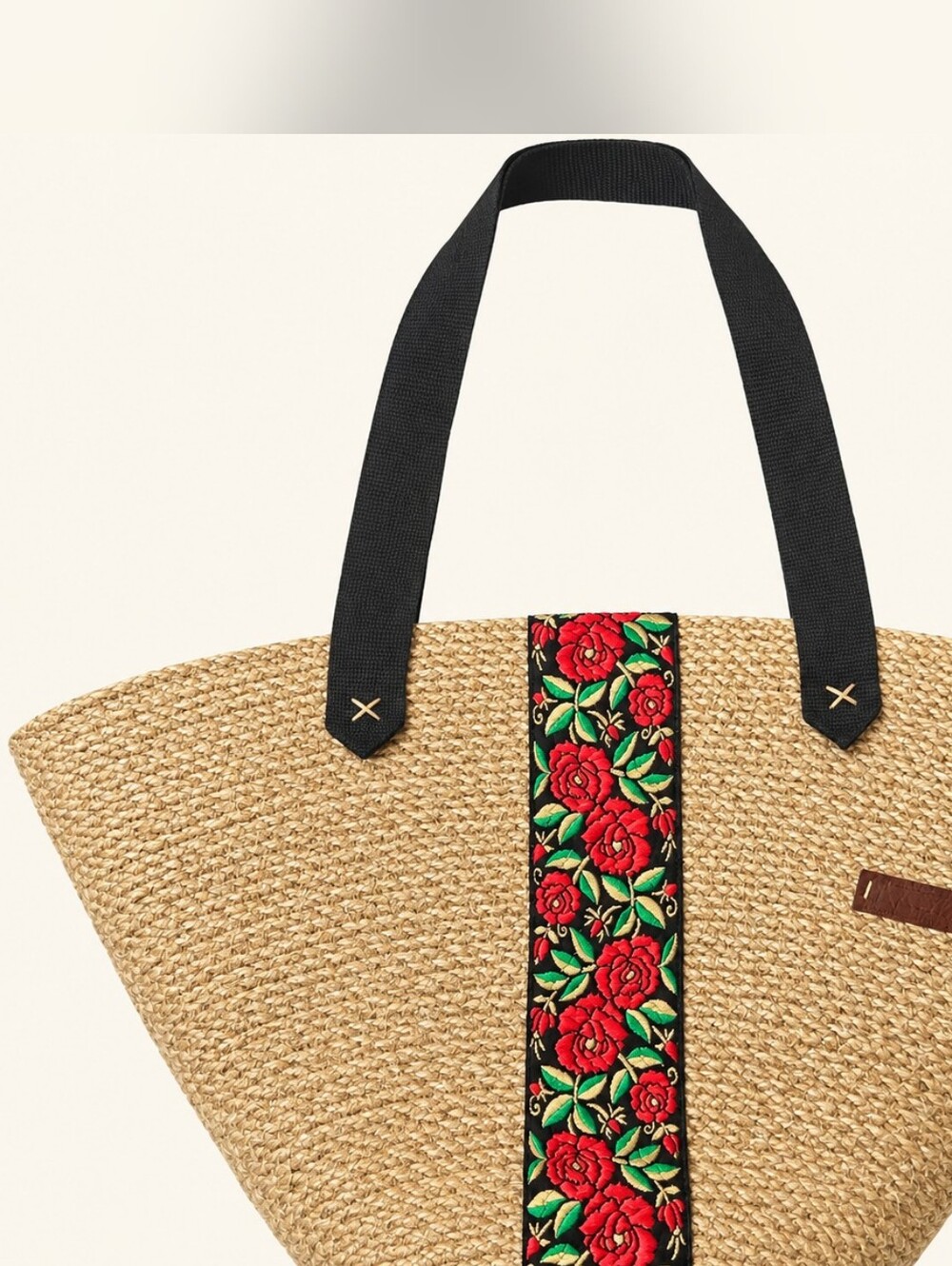 Myra Bag Large Woven Jute Tote Red Rose Embroidery Boho Market Beach Bag